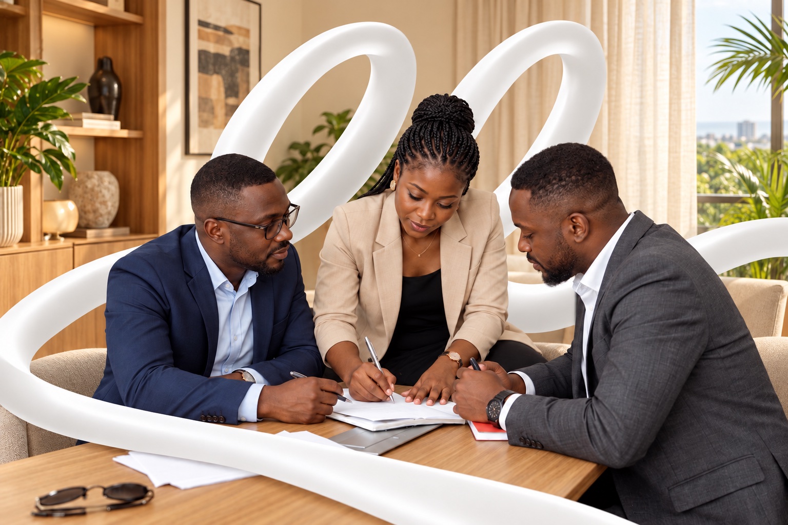 Trois professionnels examinent un dossier autour d'une table