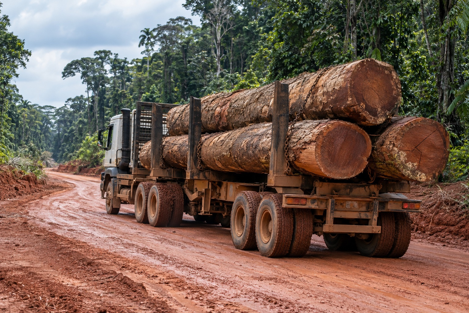 Grumier transportant de grosses billes de bois sur une piste de forêt équatoriale en Afrique