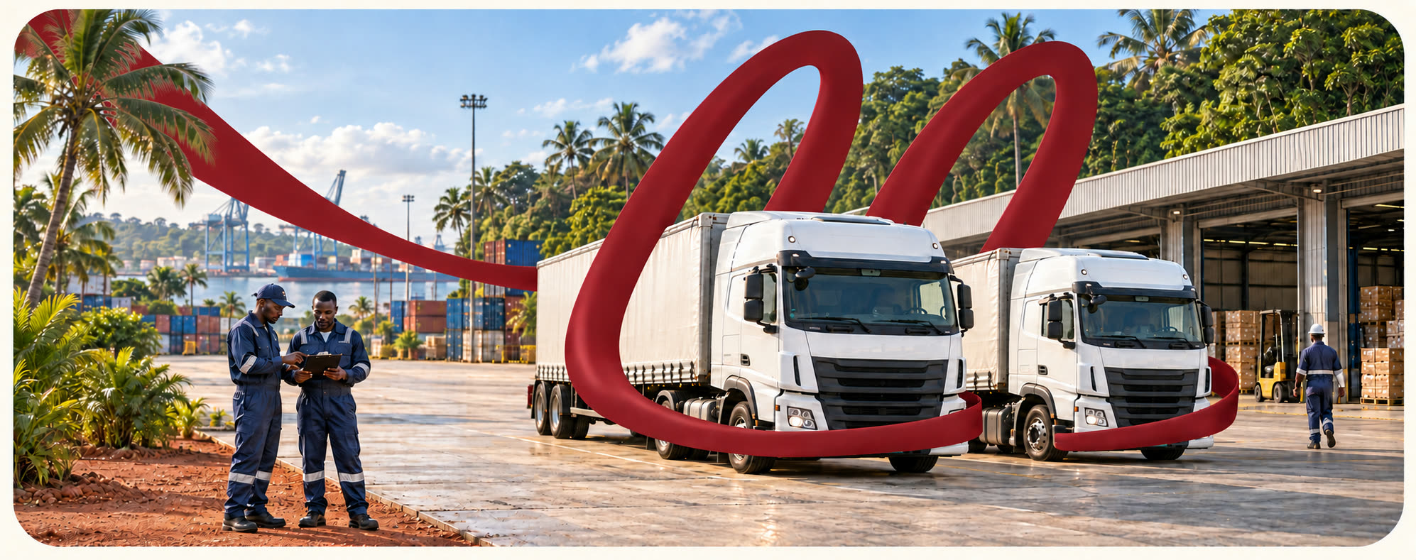 Flotte de camions devant un entrepôt portuaire